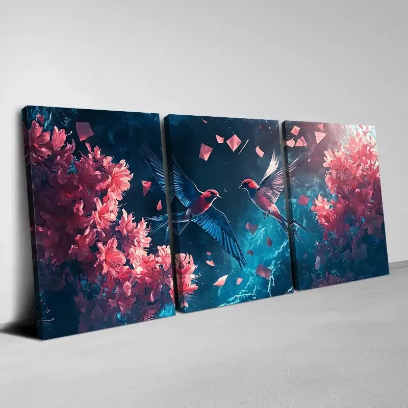 3pcs Elegant Swallows with Modern Pink Florals Wall Art Set Canvas Framed 40x60cm - High Quality Print 100% Australian Made Wall Canvas Ready to Hang