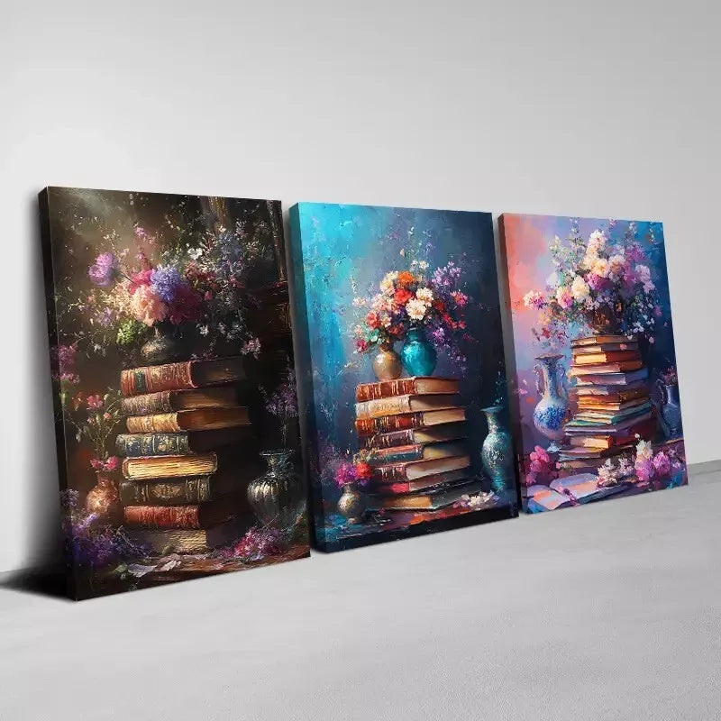3pcs Enchanting & Vintage Floral and Old Books Wall Art Set Canvas Framed 40x60cm - High Quality Print 100% Australian Made Wall Canvas Ready to Hang