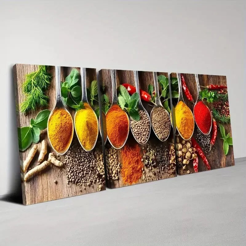 3pcs Fashion Kitchen Colorful Spices Spoons Wall Art Set Canvas Framed 40x60cm - High Quality Print 100% Australian Made Wall Canvas Ready to Hang