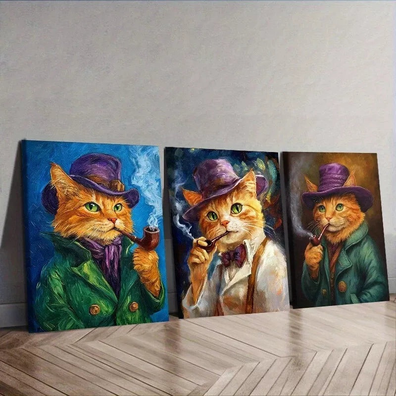 3pcs  Featuring A Cat With A Pipe Orange Cat  Wall Art Set Canvas Framed 40x60cm - High Quality Print 100% Australian Made Wall Canvas Ready to Hang