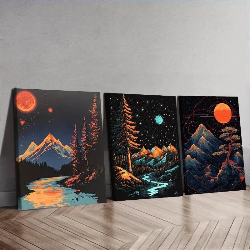 3pcs Featuring A Starry Sky Nature Moon Wall Art Set Canvas Framed 40x60cm - High Quality Print 100% Australian Made Wall Canvas Ready to Hang