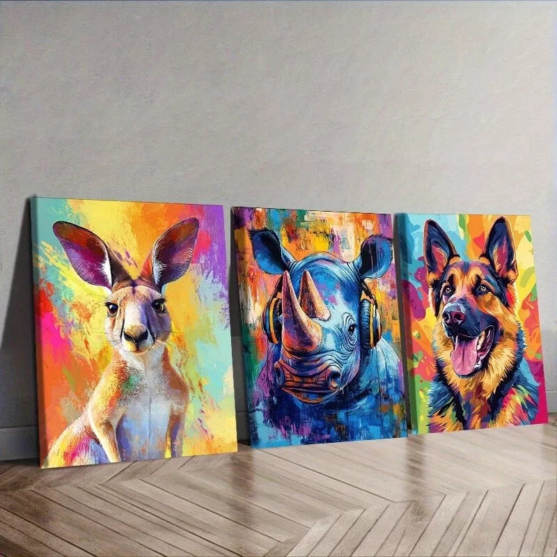 3pcs  Featuring Animals In Colorful Background Wall Art Set Canvas Framed 40x60cm - High Quality Print 100% Australian Made Wall Canvas Ready to Hang