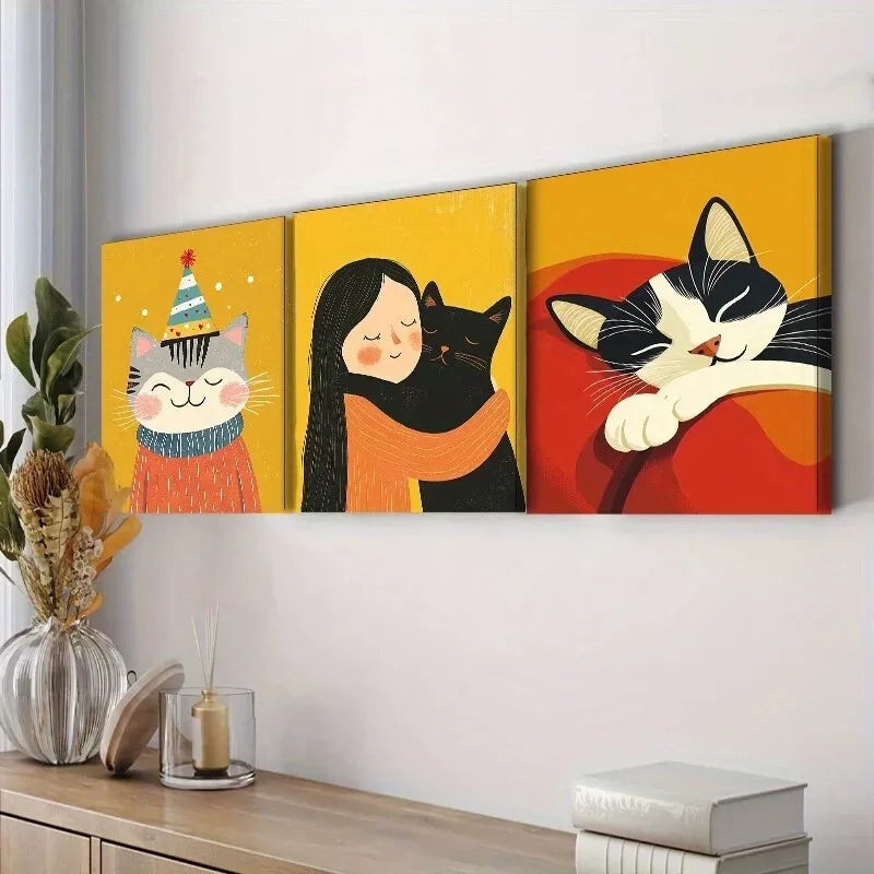 3pcs  Featuring Cats In A Yellow  Background  Wall Art Set Canvas Framed 40x60cm - High Quality Print 100% Australian Made Wall Canvas Ready to Hang