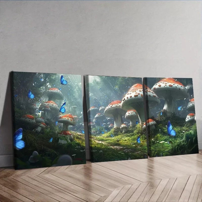 3pcs Featuring Mushrooms In A Forest Nature Wall Art Set Canvas Framed 40x60cm - High Quality Print 100% Australian Made Wall Canvas Ready to Hang