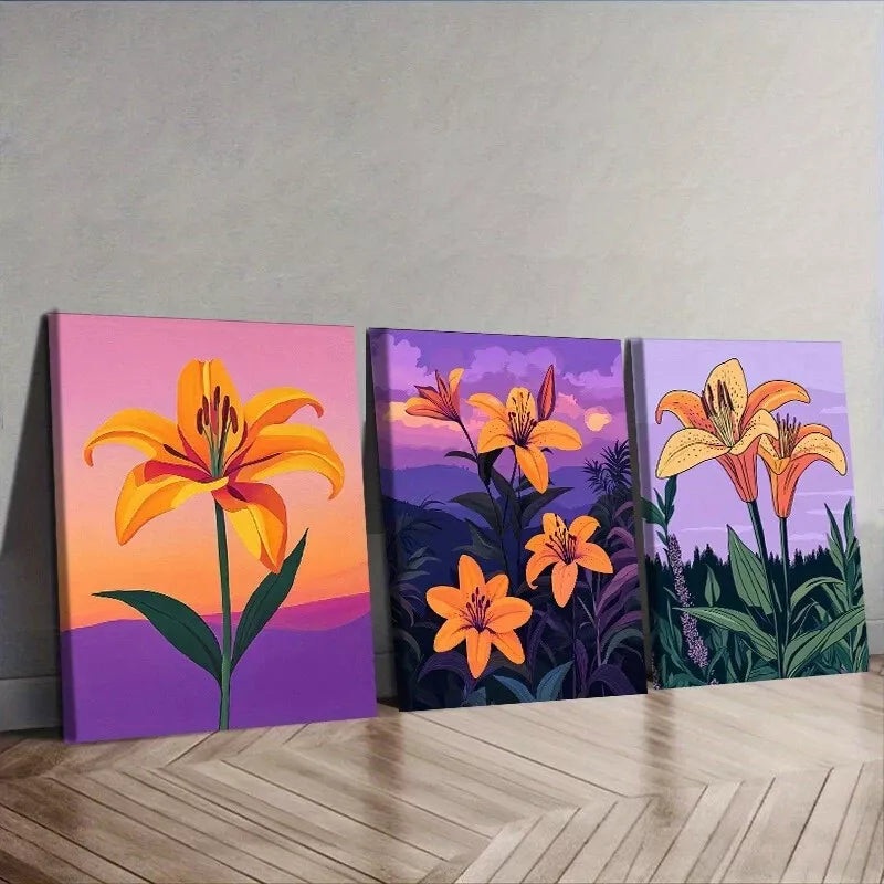 3pcs Featuring Orange Lilies Nature Flowers   Wall Art Set Canvas Framed 40x60cm - High Quality Print 100% Australian Made Wall Canvas Ready to Hang