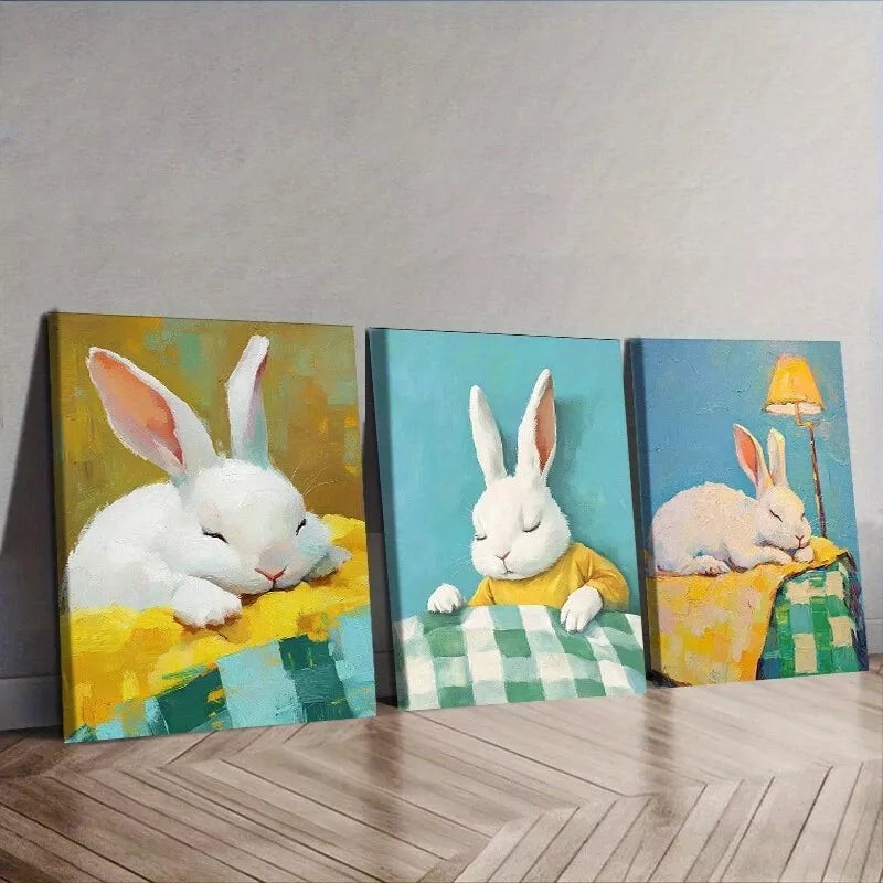 3pcs  Featuring Rabbits In A Table  Wall Art Set Canvas Framed 40x60cm - High Quality Print 100% Australian Made Wall Canvas Ready to Hang