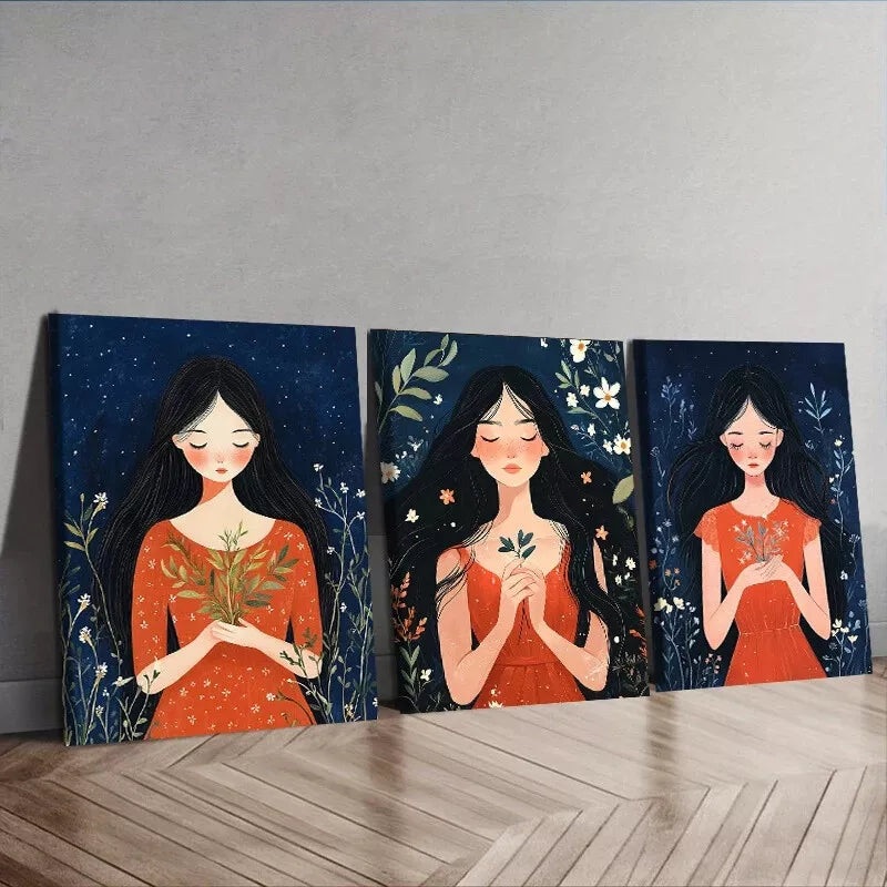 3pcs Flower Girl Prints Nature Flowers Wall Art Set Canvas Framed 40x60cm - High Quality Print 100% Australian Made Wall Canvas Ready to Hang