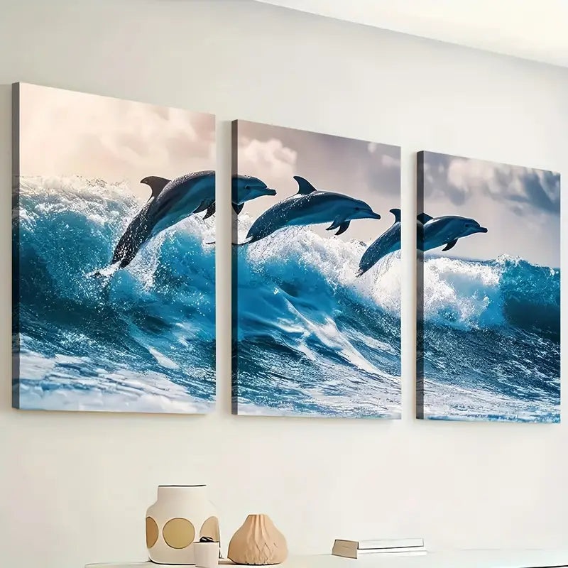 3pcs  Modern Style Ocean Wave Dolphin Animal Landscape Art  Wall Art Set Canvas Framed 40x60cm - High Quality Print 100% Australian Made Wall Canvas Ready to Hang