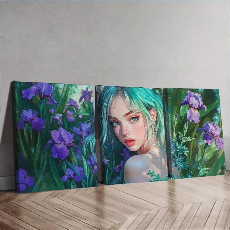 3pcs   Purple Flowers Lady With Green Eyes Wall Art Set Canvas Framed 40x60cm - High Quality Print 100% Australian Made Wall Canvas Ready to Hang