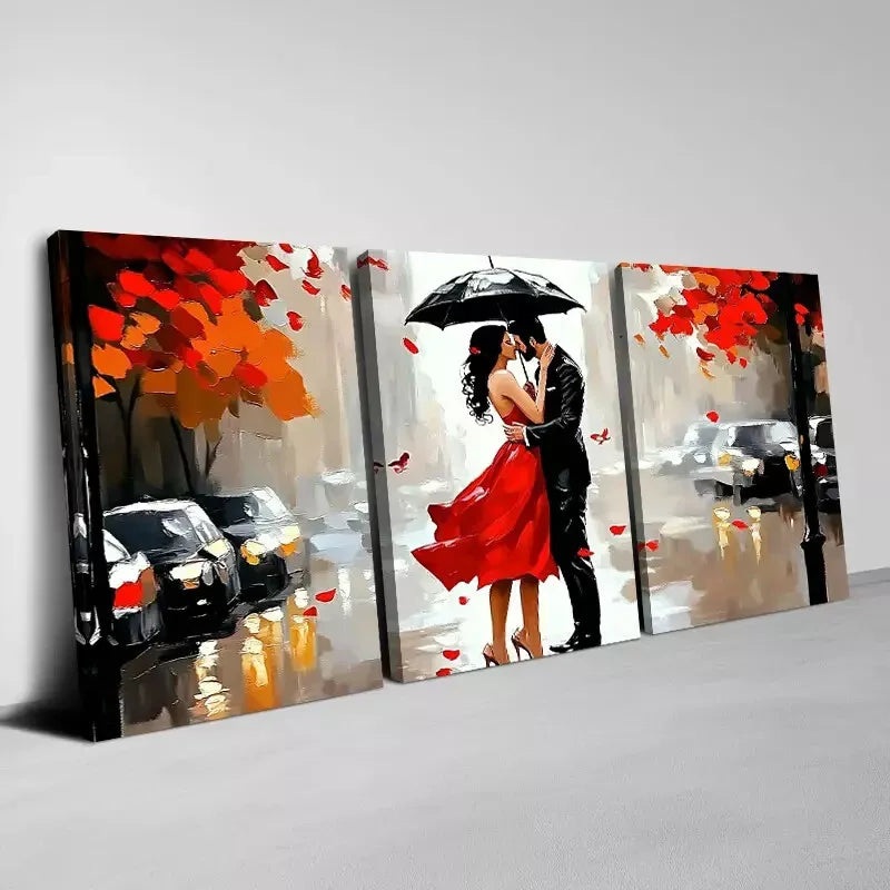 3pcs Romantic Couple on Road with Umbrella Wall Art Set Canvas Framed 40x60cm - High Quality Print 100% Australian Made Wall Canvas Ready to Hang