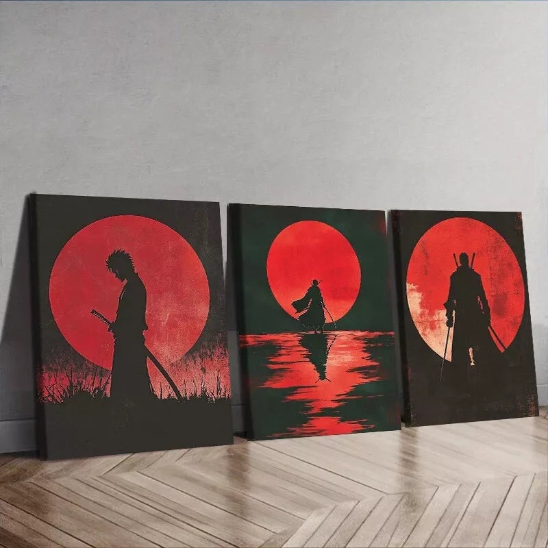 3pcs   Samurai Red Moon Dark  Background Lonely Wall Art Set Canvas Framed 40x60cm - High Quality Print 100% Australian Made Wall Canvas Ready to Hang