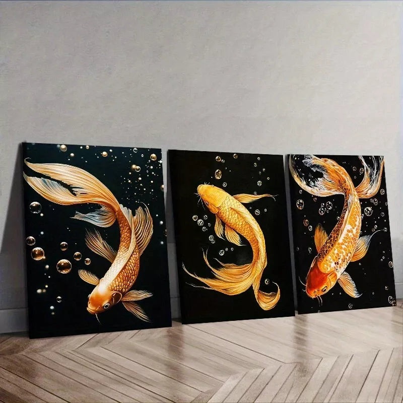 3pcs  Yellow Koi Fish Black Background Wall Art Set Canvas Framed 40x60cm - High Quality Print 100% Australian Made Wall Canvas Ready to Hang