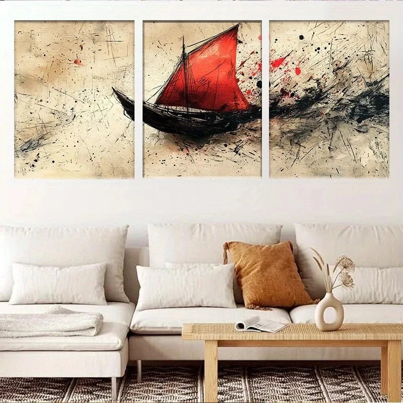 3pcs Abstract Red Sails Ship on Rough Seas Wall Art Set Canvas Framed 40x60cm - High Quality Print 100% Australian Made Wall Canvas Ready to Hang