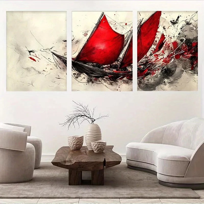 3pcs  Abstract Sailing Ship Bold Red Sails Wall Art Set Canvas Framed 40x60cm - High Quality Print 100% Australian Made Wall Canvas Ready to Hang