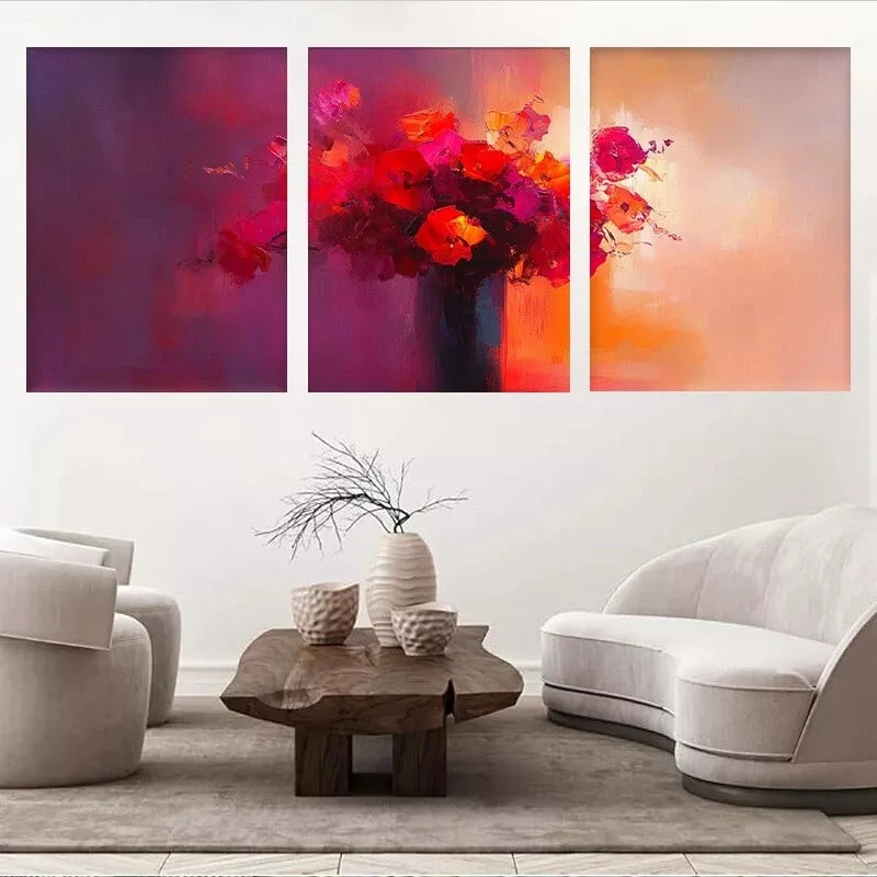 3pcs  Abstract Vibrant Red and Orange Blossoms Wall Art Set Canvas Framed 40x60cm - High Quality Print 100% Australian Made Wall Canvas Ready to Hang