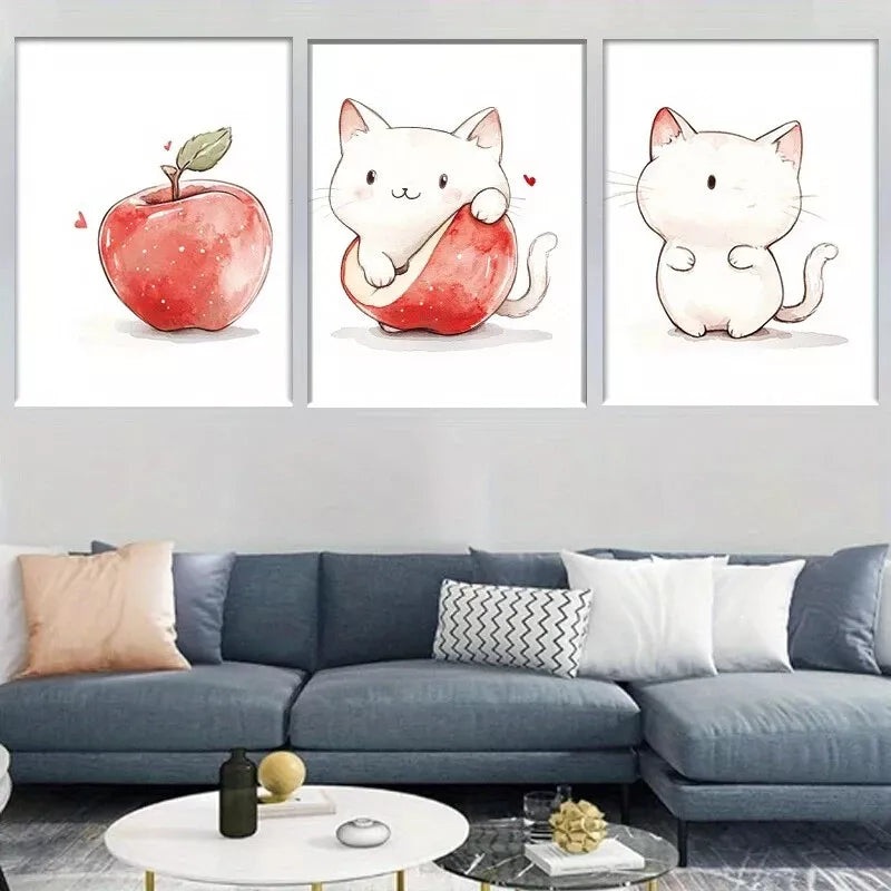 3pcs Adorable Cat and Apple Watercolor l Wall Art Set Canvas Framed 40x60cm - High Quality Print 100% Australian Made Wall Canvas Ready to Hang