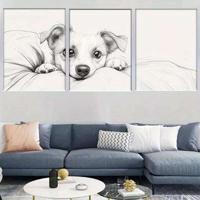 3pcs  Adorable Puppy Black and White Sketch  Wall Art Set Canvas Framed 40x60cm - High Quality Print 100% Australian Made Wall Canvas Ready to Hang