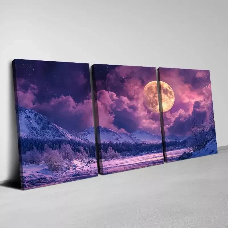 3pcs  Beautiful Moon with Mountain & Trees view  Wall Art Set Canvas Framed 40x60cm - High Quality Print 100% Australian Made Wall Canvas Ready to Hang