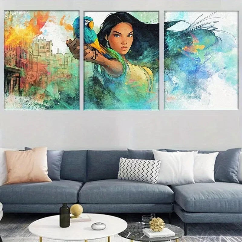 3pcs Bold Woman with Parrot, Vibrant Fantasy Wall Art Set Canvas Framed 40x60cm - High Quality Print 100% Australian Made Wall Canvas Ready to Hang