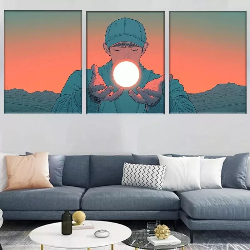 3pcs  Boy Holding Glowing Sphere in Desert Wall Art Set Canvas Framed 40x60cm - High Quality Print 100% Australian Made Wall Canvas Ready to Hang