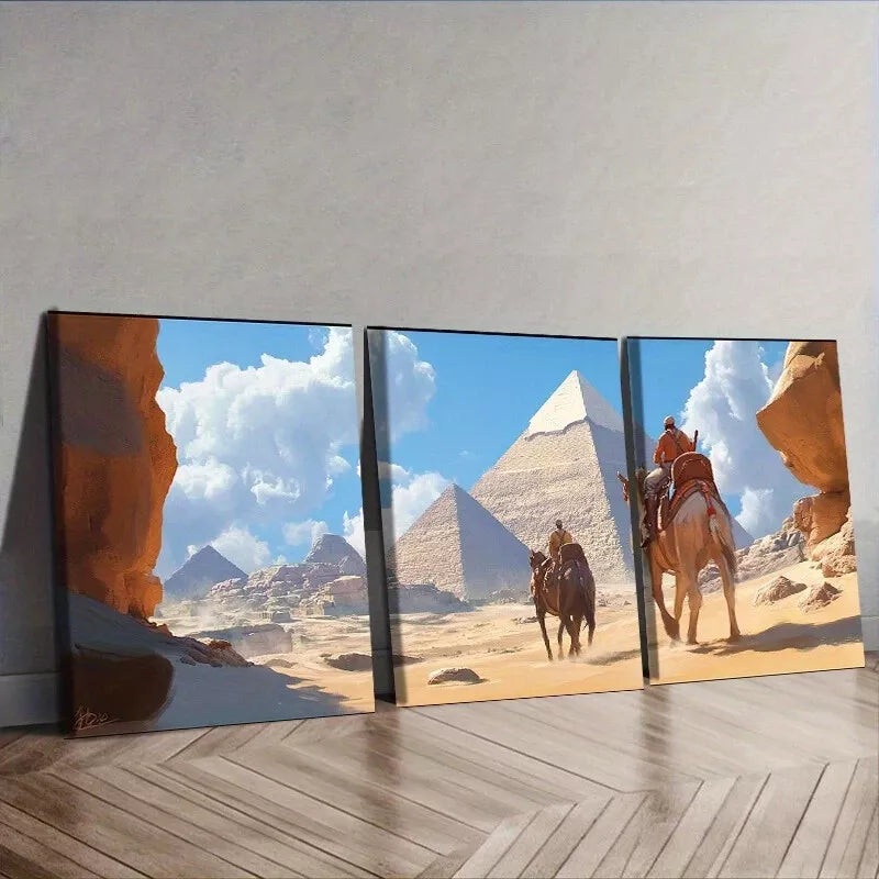 3pcs Camel Train Theme Pyramids Nature   Wall Art Set Canvas Framed 40x60cm - High Quality Print 100% Australian Made Wall Canvas Ready to Hang