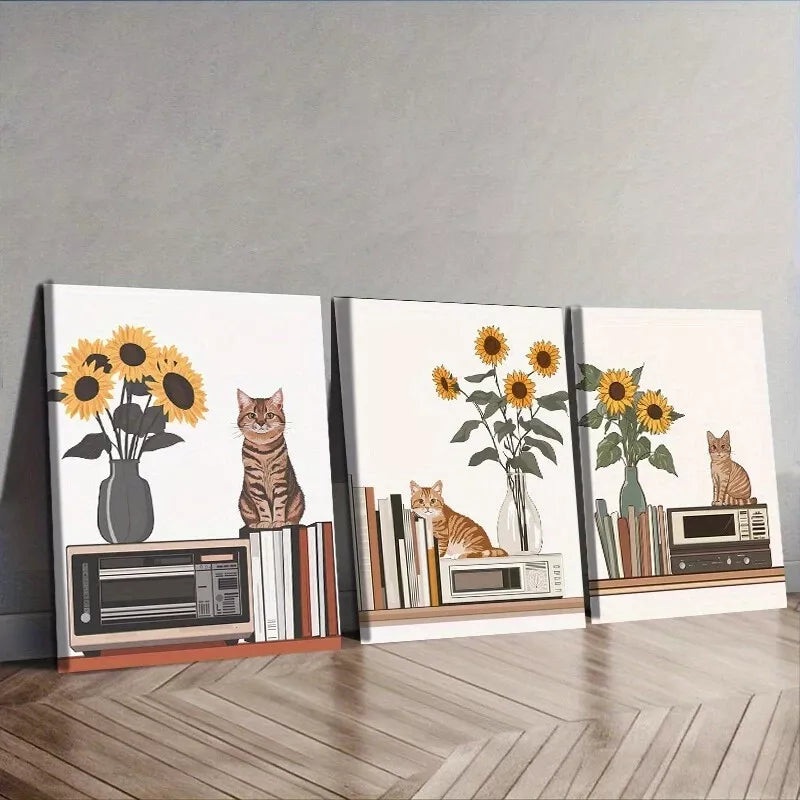 3pcs  Cat Is Sitting On The Table  Wall Art Set Canvas Framed 40x60cm - High Quality Print 100% Australian Made Wall Canvas Ready to Hang