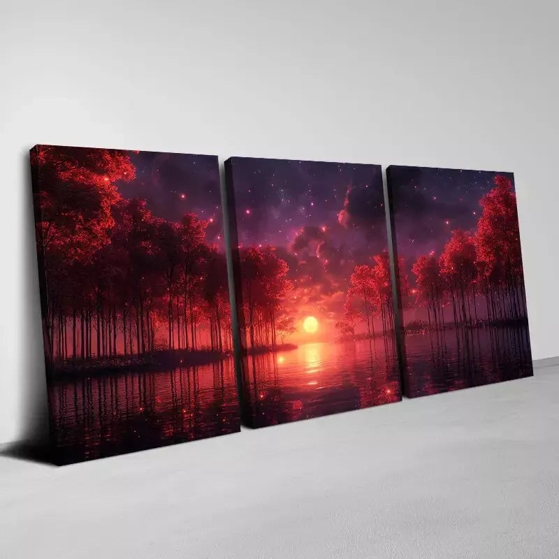 3pcs  Charming Lake Red Trees with Sunset View Wall Art Set Canvas Framed 40x60cm - High Quality Print 100% Australian Made Wall Canvas Ready to Hang
