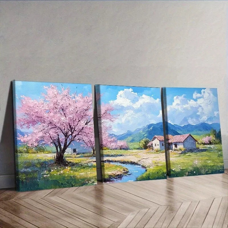3pcs Cherry Blossom Scene  Wall Art Set Canvas Framed 40x60cm - High Quality Print 100% Australian Made Wall Canvas Ready to Hang