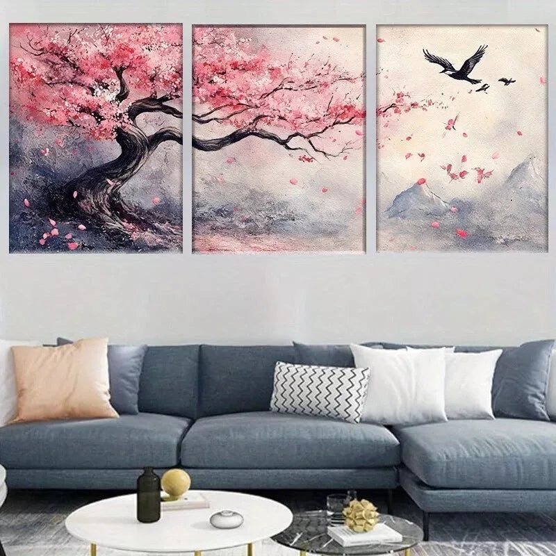 3pcs Cherry Blossom Tree and Flying Birds Wall Art Set Canvas Framed 40x60cm - High Quality Print 100% Australian Made Wall Canvas Ready to Hang