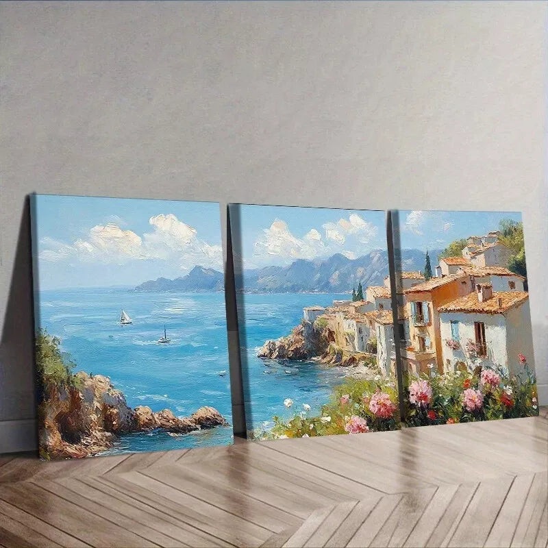 3pcs Coastal Village Nature  Wall Art Set Canvas Framed 40x60cm - High Quality Print 100% Australian Made Wall Canvas Ready to Hang