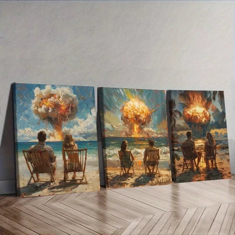 3pcs Dating Couple In The Beach An Explosion  Wall Art Set Canvas Framed 40x60cm - High Quality Print 100% Australian Made Wall Canvas Ready to Hang