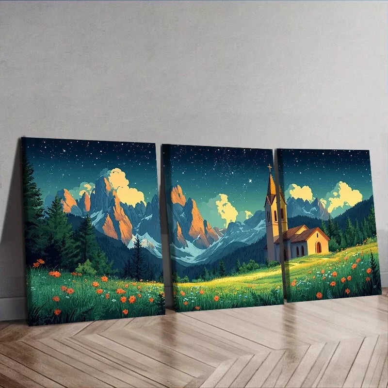 3pcs Depicting A Church Nestled Among Mountains Wall Art Set Canvas Framed 40x60cm - High Quality Print 100% Australian Made Wall Canvas Ready to Hang