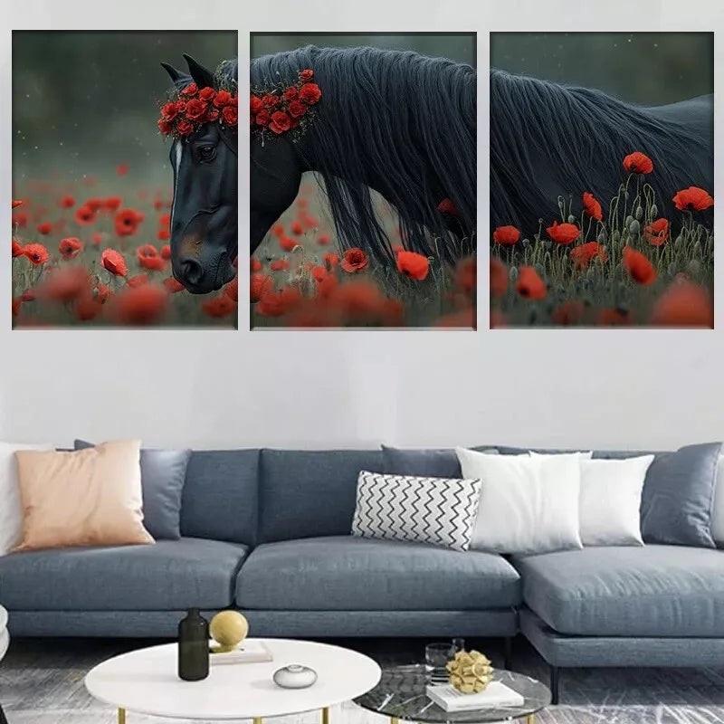 3pcs  Elegant Poppy Field Majestic Black Horse Wall Art Set Canvas Framed 40x60cm - High Quality Print 100% Australian Made Wall Canvas Ready to Hang