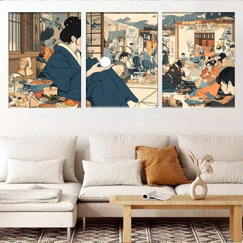 3pcs Elegant Traditional Japanese Gathering Wall Art Set Canvas Framed 40x60cm - High Quality Print 100% Australian Made Wall Canvas Ready to Hang