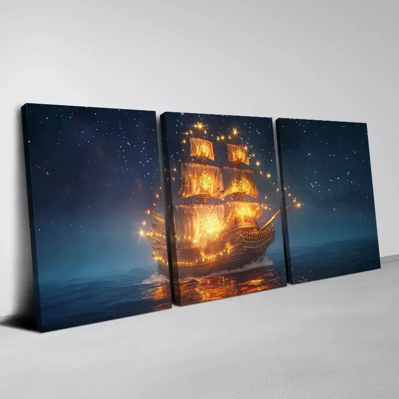 3pcs Enchanting Sailboat Under the Stars  Wall Art Set Canvas Framed 40x60cm - High Quality Print 100% Australian Made Wall Canvas Ready to Hang