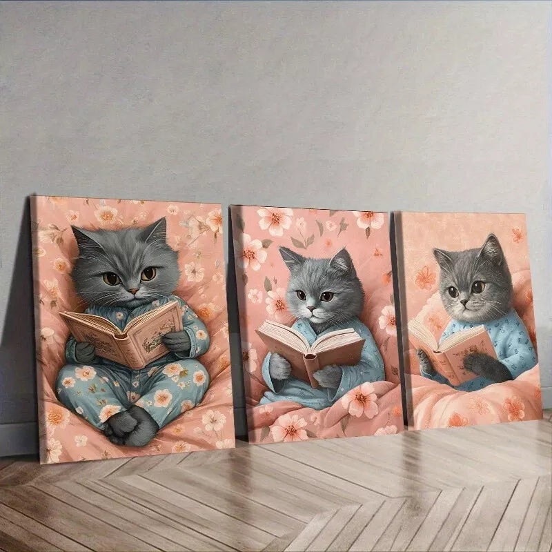 3pcs Featuring A Cat Reading  Wall Art Set Canvas Framed 40x60cm - High Quality Print 100% Australian Made Wall Canvas Ready to Hang