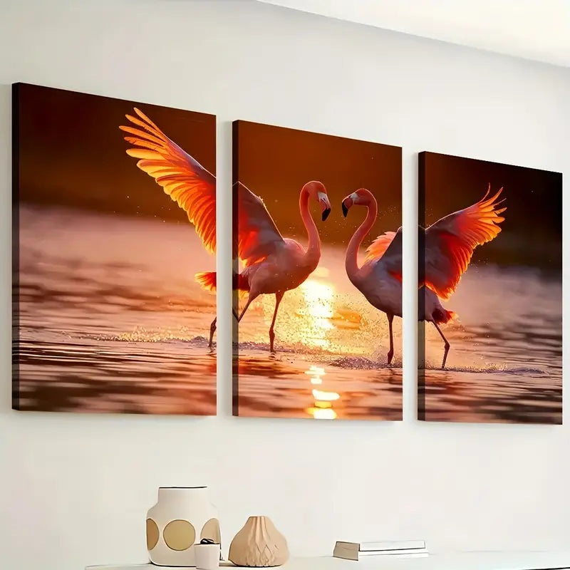3pcs Flamingos Animal Sunrise Scenic Art Wall Art Set Canvas Framed 40x60cm - High Quality Print 100% Australian Made Wall Canvas Ready to Hang