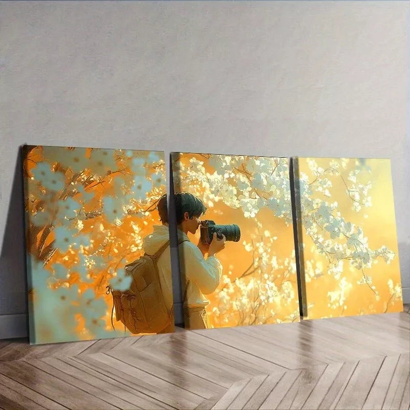 3pcs  Male Cameraman Holding Camera Flowers    Wall Art Set Canvas Framed 40x60cm - High Quality Print 100% Australian Made Wall Canvas Ready to Hang