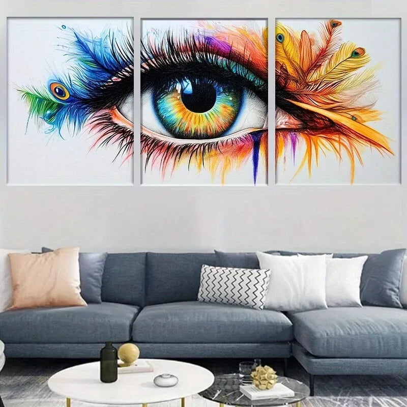 3pcs  Modern Abstract Vibrant Peacock Feather Eye Wall Art Set Canvas Framed 40x60cm - High Quality Print 100% Australian Made Wall Canvas Ready to Hang