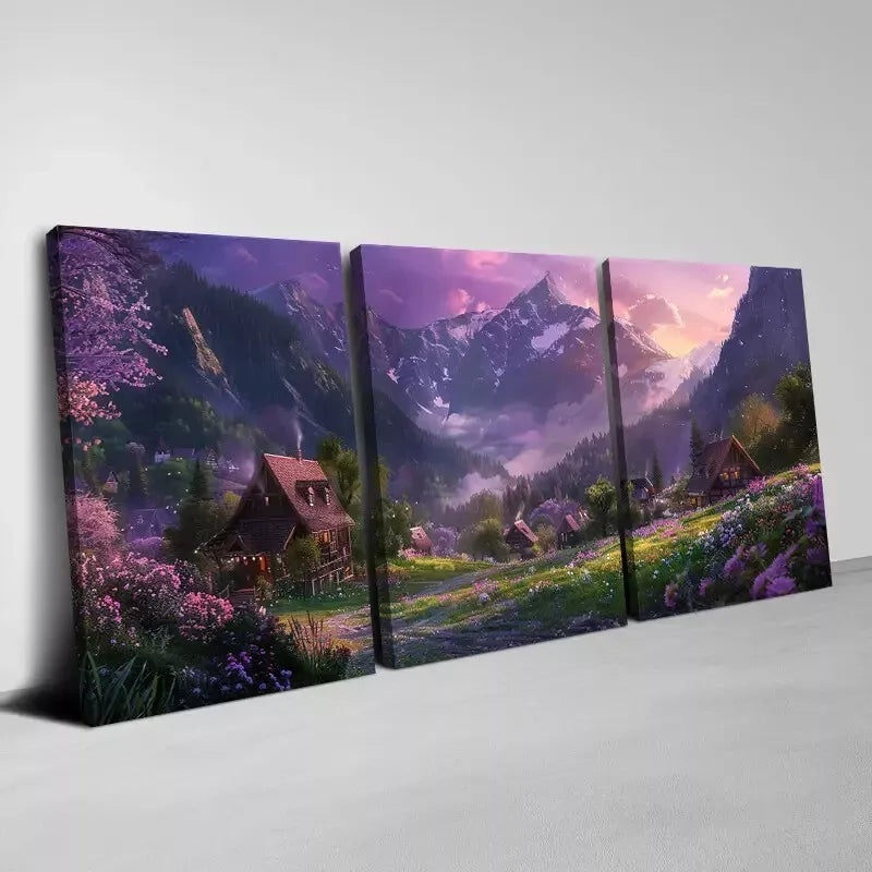 3pcs  Purple Sky Town with Pink Floral & Mountain  Wall Art Set Canvas Framed 40x60cm - High Quality Print 100% Australian Made Wall Canvas Ready to Hang