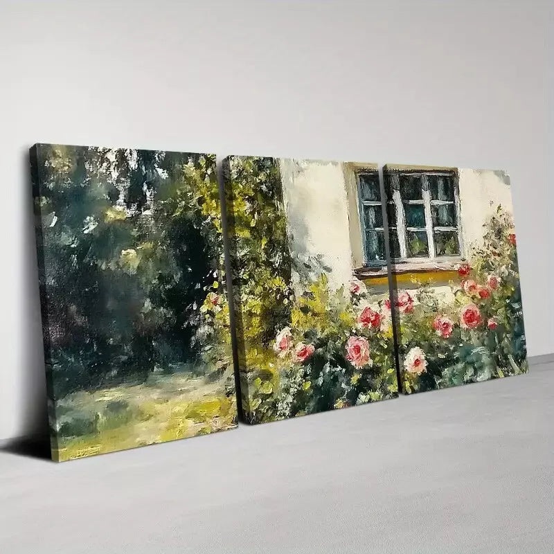 3pcs  Retro Beautiful Garden with Floral Painting Wall Art Set Canvas Framed 40x60cm - High Quality Print 100% Australian Made Wall Canvas Ready to Hang
