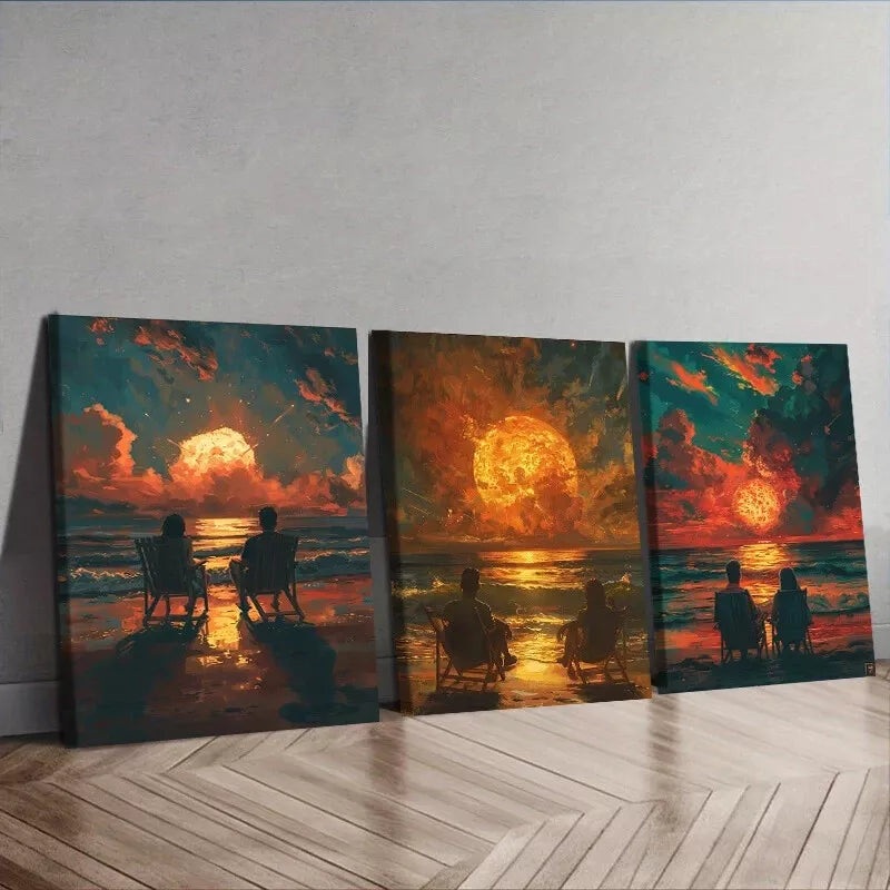 3pcs  Romantic Couple Beach Sunset Painting  Wall Art Set Canvas Framed 40x60cm - High Quality Print 100% Australian Made Wall Canvas Ready to Hang