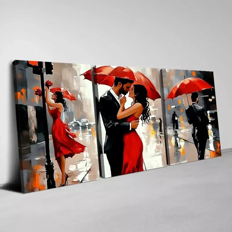 3pcs   Romantic Couple with Umbrella Raining Wall Art Set Canvas Framed 40x60cm - High Quality Print 100% Australian Made Wall Canvas Ready to Hang