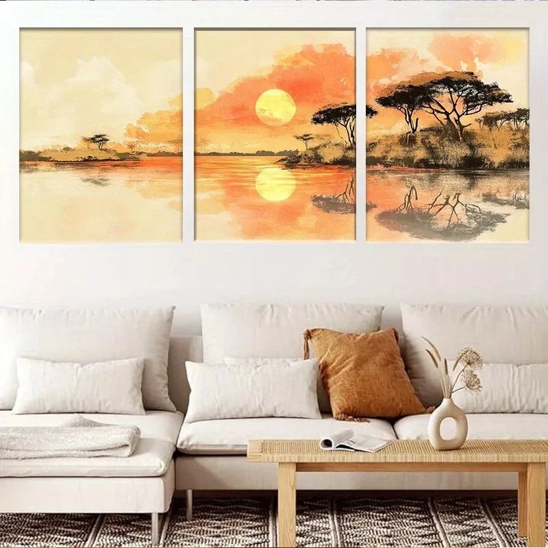 3pcs  Serene Nature African Sunset Landscape Wall Art Set Canvas Framed 40x60cm - High Quality Print 100% Australian Made Wall Canvas Ready to Hang