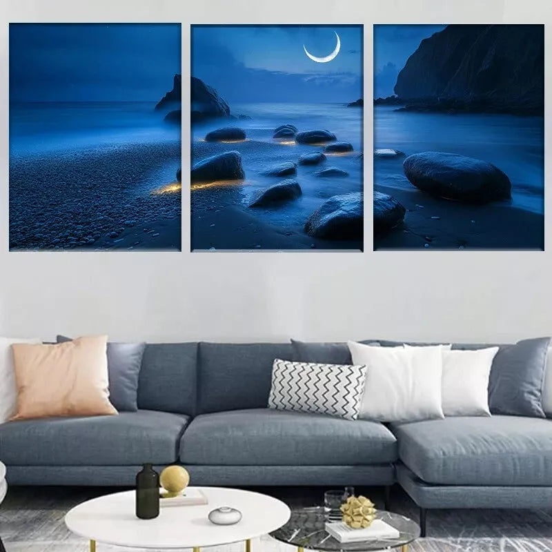 3pcs  Tranquil Ocean Shore with Crescent Moon Wall Art Set Canvas Framed 40x60cm - High Quality Print 100% Australian Made Wall Canvas Ready to Hang