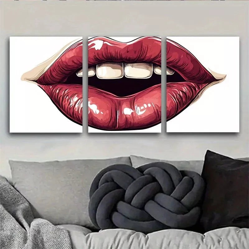 3pcs  Trendy Fashion Modern Pop Art Bold Red Lips Wall Art Set Canvas Framed 40x60cm - High Quality Print 100% Australian Made Wall Canvas Ready to Hang