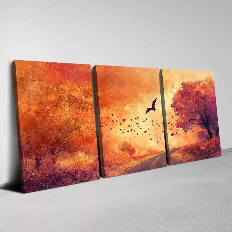 3pcs  Vibrant Autumn Path, Trees & Bats Scene Wall Art Set Canvas Framed 40x60cm - High Quality Print 100% Australian Made Wall Canvas Ready to Hang