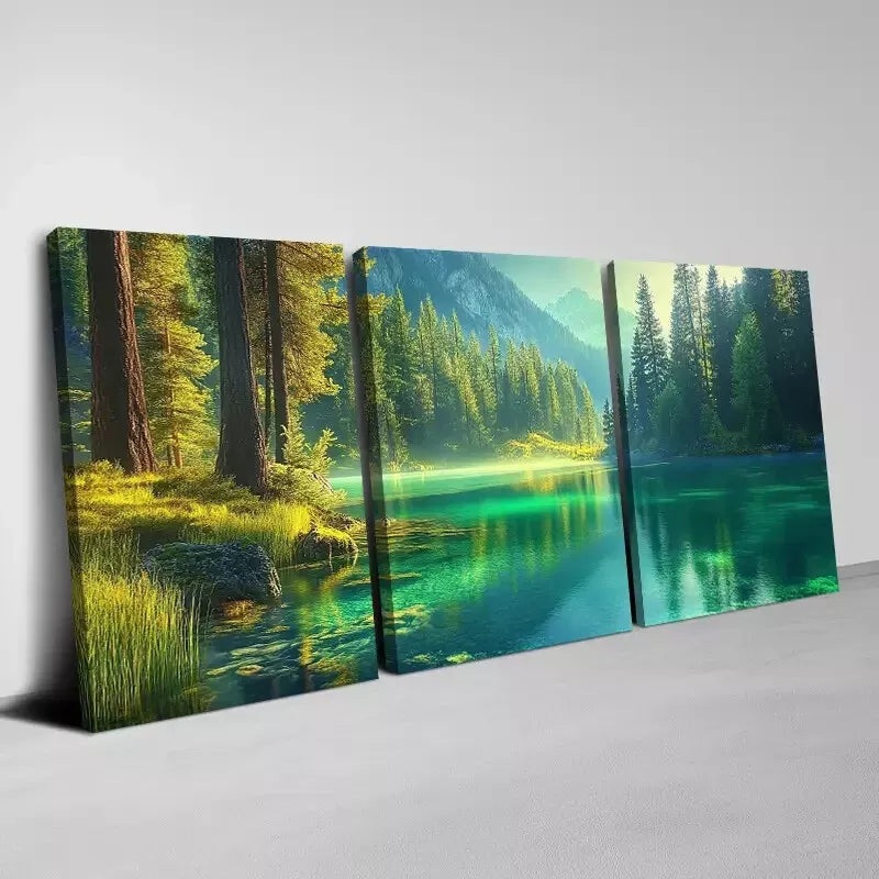 3pcs  Vintage Peaceful Forest Lake with Mountain     Wall Art Set Canvas Framed 40x60cm - High Quality Print 100% Australian Made Wall Canvas Ready to Hang