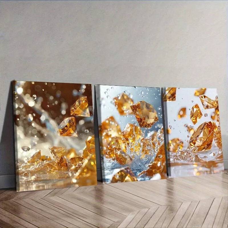 3pcs  Yellow Diamonds Crystals    Wall Art Set Canvas Framed 40x60cm - High Quality Print 100% Australian Made Wall Canvas Ready to Hang
