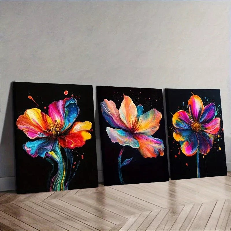 3pcs  A Colorful Flower Black Background Wall Art Set Canvas Framed 40x60cm - High Quality Print 100% Australian Made Wall Canvas Ready to Hang